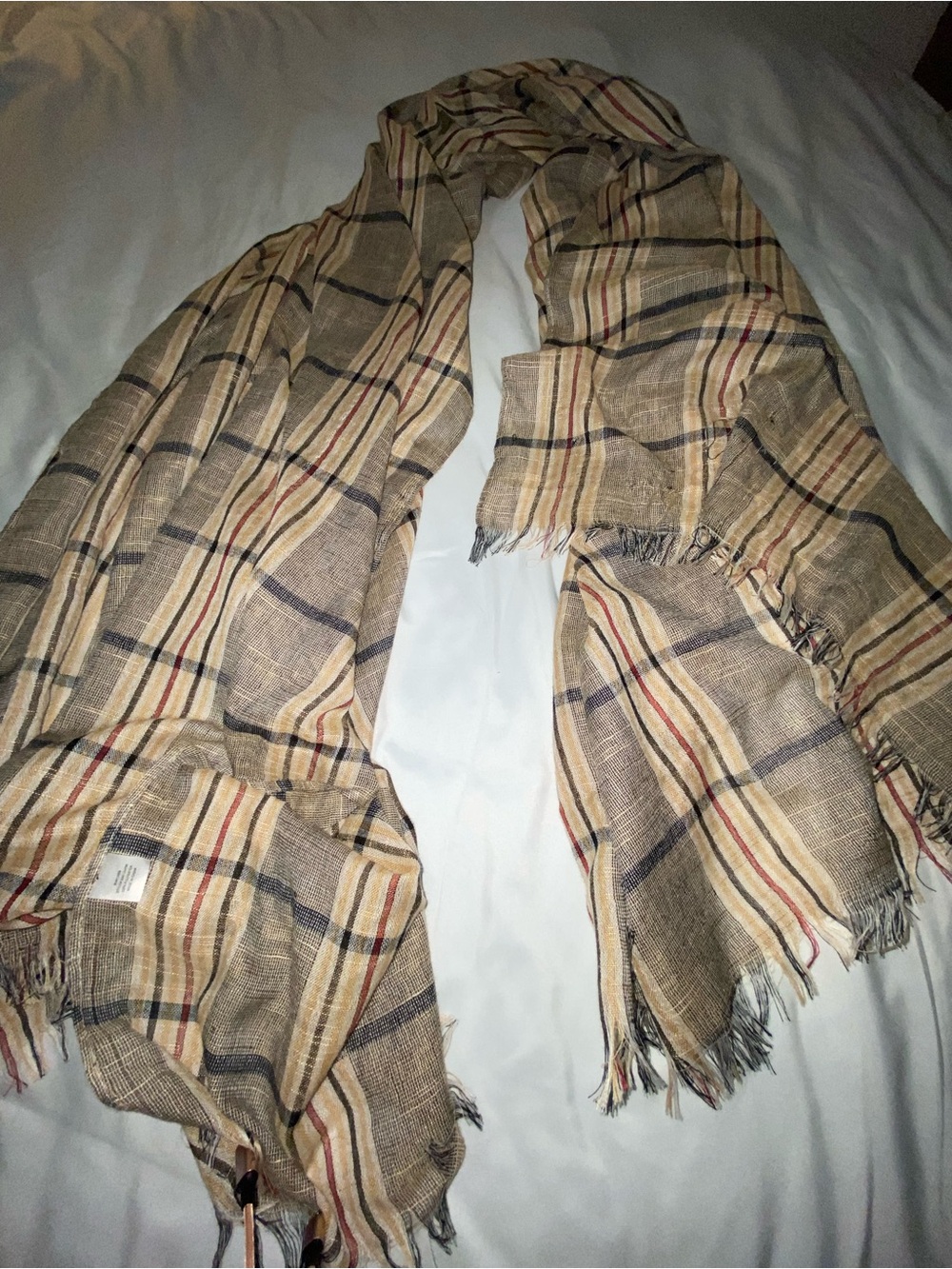 Neutral Plaid Fringe Scarf - Beige, Navy & Red